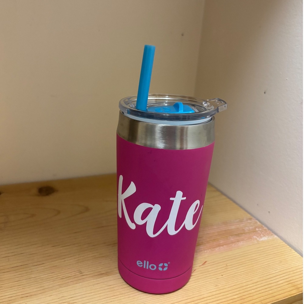 Ello Kids Pink Tumbler Cup with Straw Personalized Name Kate 12oz BPA Free